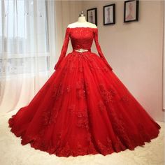 Ball Gown Off Shoulder Long Sleeves Red Lace Wedding Dress Long Sleeve Quinceanera Dresses, Quincenera Dresses, Red Ball Gowns, Red Lace Prom Dress, Red Ball Gown, Red Wedding Dress, Red Wedding Dresses, Red Evening Dress, Red Ball