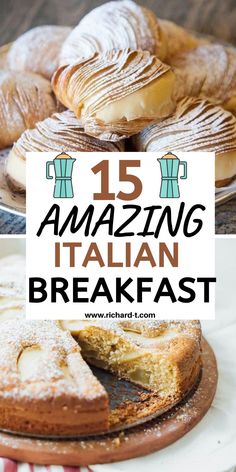 some breads and pastries on a plate with the words 15 amazing italian breakfast