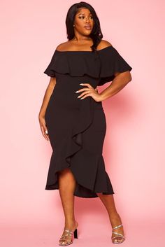 Black Ruffled Off Shoulder High Low Plus Size Dress Solid Color Ruffled Midi Dress For Night Out, Solid Ruffled Midi Dress For Night Out, Solid Midi Dress With Ruffles For Night Out, Solid Color Midi Dress With Ruffle Hem For Party, Flirty Black Midi Dress With Ruffles, Solid Color Evening Midi Dress With Ruffles, Evening Solid Color Midi Dress With Ruffles, Solid Color Midi Dress With Ruffles For Evening, Black Off-shoulder Midi Dress With Ruffles