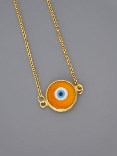 "Evil Eye Necklace - Orange Necklace - Gold Necklace - Good Luck Necklace - Chloe's Vintage Jewelry - handmade jewelry This is a very cool Evil Eye handmade glass pendant. A bright orange and blue glass evil eye in a gold plated bezel. It hangs on a gold plated chain. Chloe says, \"Wear it and feel fabulous!\" The pendant is 1\" long. You can choose the length of chain you would like at checkout. Thanks for visiting Chloe's" Yellow Amulet Necklace, Perfect For Gifts, Yellow Amulet Necklace For Gift, Yellow Amulet Necklace As Gift, Adjustable Round Orange Necklace, Yellow Spiritual Round Jewelry, Handmade Symbolic Round Jewelry, Symbolic Handmade Circular Jewelry, Handmade Yellow Circular Jewelry, Adjustable Symbolic Handmade Necklaces