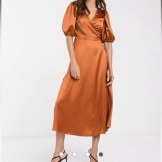 Asos Satin Wrap Midi Dress With Puff Sleeves In Rust Size 8 True To Size Wrap Dress, Sleeves Are Even More “Puff” Than On The Model. Flowy, Nice Fall Wedding Guest Dress Dress With Puff Sleeves, Cami Midi Dress, Midi Pencil Dress, Wrap Midi Dress, Asos Dress, Asos Dresses, Satin Midi Dress, Midi Dress With Sleeves, Rust Color