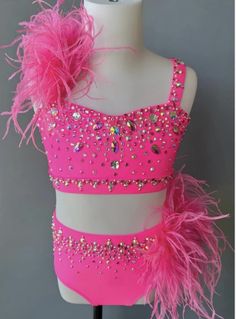 a woman's pink leotard with feathers and sequins on it