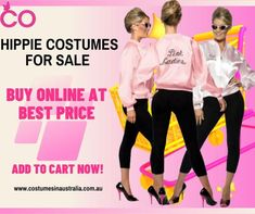 two women in pink shirts and black pants with the words hippie costumes for sale