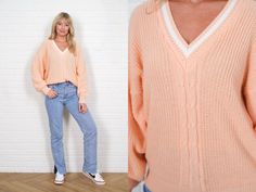 "Vintage 90s Pink Preppy Knit Sweater - Deep V neckline - Oversize fit -Measurements- Estimated Size: Small/Medium/Large Bust: 33\" Waist: 26\" Hips: 36\" Length: 33\" Sleeve: --- Model is 5'9 and measures 32/25/34" Trendy Spring V-neck Sweater In Chunky Knit, Trendy Chunky Knit V-neck Sweater For Spring, Retro Ribbed Sweater For Spring, Pink Boho Dress, Peach Maxi Dresses, Blue Boho Dress, Cotton Cable Knit Sweater, 90s Preppy, Black V Neck Sweater