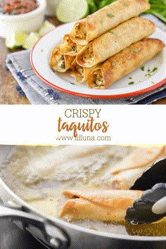 crepy taquitass are being cooked in a skillet on the table