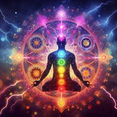 a person sitting in the middle of a circle with many chakras