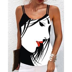 White Women's Tank Top White Abstract Portrait Print Sleeveless Casual Weekend Basic U Neck Regular Portrait S Chic Sleeveless Strapped Tank Top, Chic Sleeveless Tops With Straps, Chic Sleeveless Strappy Top, Chic Sleeveless Strapped Tops, Summer Sleeveless Strappy Tops, Sleeveless Strapped Tops For Summer, Sleeveless Vest With Straps For Spring, Trendy Sleeveless Beach Camisole, Summer Vest Tops