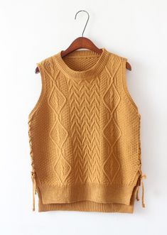 New Design Women Short Pullover Knit Vest Tops Trendy Stretch Knitted Sweater Vest, Trendy Knit Sweater Vest, Casual Yellow Sweater Vest For Fall, Casual Beige Acrylic Tops, Casual Yellow Sweater Vest For Winter, Casual Acrylic Sweater Vest For Fall, Trendy Stretch Acrylic Tops, Trendy Stretch Acrylic Top, Casual Yellow Knit Sweater Vest