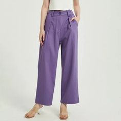 Discover Your New Wardrobe Essential Embrace effortless style and comfort with our Chic Purple High-Waist Wide Leg Trousers for Women. Designed for the modern woman who appreciates both fashion and function, these trousers are a must-have for your wardrobe. Whether you're stepping out for a casual day or dressing up for a night out, these trousers offer versatility and chic appeal. Exceptional Features Season Versatility: Ideal for Spring, Autumn, and Summer, adapting seamlessly to various climates and occasions. Comfortable High Waist Design: The high waist style not only flatters your figure but also ensures comfort all day long. Quality Fabric: Made with premium cotton broadcloth, these trousers promise both durability and breathability. Vintage Charm: The vintage-inspired design adds a Relaxed Fit Office Bottoms With Pockets, High Waist Wide Leg Pants For Business Casual, Purple Cotton Bottoms With Belt Loops, Non-stretch Office Pants For Spring, Summer Office Pants Solid Color, Non-stretch Solid Color Wide Leg Pants For Work, High Waist Wide Leg Pants For Work, Baggy Wide Leg Pants For Workwear, Non-stretch Straight Leg Pants