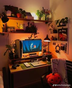 a desk with a computer monitor, keyboard and mouse on it in front of shelves filled with plants