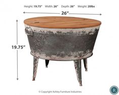 an old metal tub with wooden top is shown on a white background and has measurements for the height