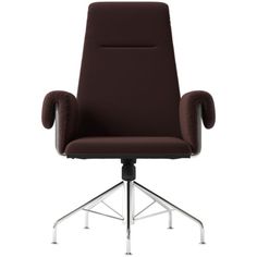 a brown office chair with chrome legs and an upholstered armrest, viewed from the front