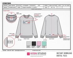 the front and back view of a sweatshirt with measurements for each product, including long sleeves