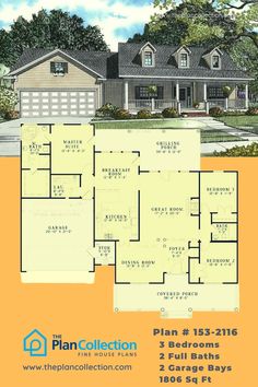 southern farmhouse plans, Plan # 153-2116 Southern Farmhouse Plans, Farmhouse Lifestyle, Country Floor Plans, Porch Farmhouse, Southern Farmhouse, Southern Traditional