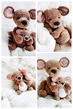 four different pictures of stuffed animals on a white blanket, one is brown and the other is pink