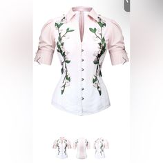 Pink And White Elasticated Corset Shirt Size Is 26 Which Is About A 4-6 But Of Course It Cinches You To A Much Smaller Size Description We’ve Built Our Amazing Traditional Corset With Full Steel Boning Into This Beautiful Embroidered Cotton Shirt, Offering You A Modest Waist Reduction Without Compromising On Fashion Or Comfort. Ombre Dusky Pink Tones Offset The White Corset To Create A Wonderfully Feminine Garment, And Our Talented Team Of In-House Tailors Have Embroidered A Graceful Floral Spri Fitted Feminine White Shirt, White Fitted Feminine Shirt, Fitted White Floral Print Shirt, Fitted White Shirt With Floral Print, White Fitted Shirt With Floral Print, Fitted Feminine Short Sleeve Shirt, Feminine Fitted Short Sleeve Shirt, Fitted Short Sleeve Feminine Shirt, Traditional Corset