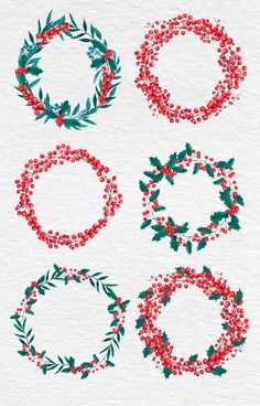 christmas wreaths with holly leaves and red berries on white paper, set of four