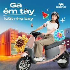 a woman riding on the back of a scooter with a flower in it