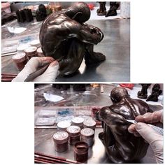 two pictures of the same statue being worked on by someone who is working on it