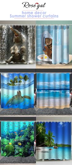 the shower curtain is decorated with tropical scenes and fish swimming in the water, along with an ocean scene