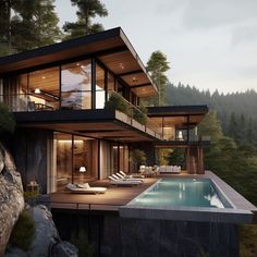 a house with a pool in front of it on top of a cliff next to a forest