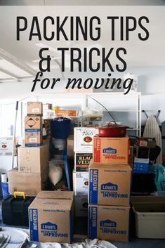 moving boxes stacked on top of each other with the words packing tips and tricks for moving