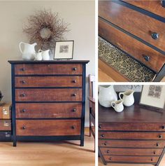 two pictures of an old dresser with wood and metal trimmings, one showing the drawers