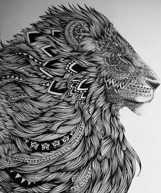 a black and white drawing of a lion's head with intricate patterns on it