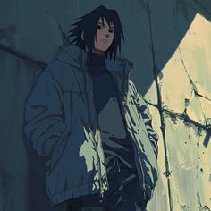 an anime character standing in front of a wall