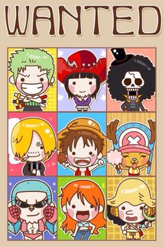 the poster for one piece wanted, featuring many different characters and their name on it