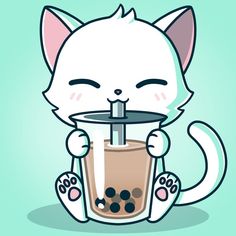 a white cat drinking from a cup with a straw in it's mouth and eyes