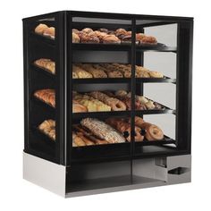 a display case filled with lots of different types of doughnuts and pastries