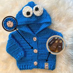 a blue crocheted sweater with buttons and eyes on it, next to a photo of the cookie monster