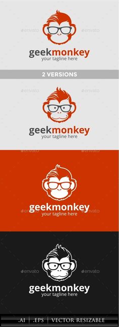 the logo for geek monkey is shown in four different colors and font styles, including red,