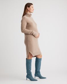 Keep it comfy and stylish with our Mongolian Cashmere Fisherman Maternity Sweater Dress. This turtleneck dress is your go-to for cozying up during your nine months. Made from premium Mongolian cashmere, it's a timeless look and a must-have addition to your maternity wardrobe. Our cashmere is incredibly long-lasting and three times as warm as wool, sourced more sustainably and ethically. Read more on what makes it special in our Cashmere 101.  | Quince | Women's Mongolian Cashmere Fisherman Mater Maternity Sweater Dress, Maternity Wardrobe, Turtleneck Dress, Pregnancy Wardrobe, Inner Mongolia, Pre Pregnancy, Nine Months, Maternity Sweater, Womens Maternity