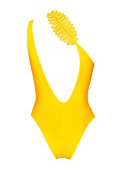 This sleek one-piece swimsuit has it all. It features a unique one-shoulder design with a custom accent, an elongating high-cut, and a sheen finish. Unpadded and fully lined, the suit can also be used as a body suit, allowing for a stylish day to night transition. ACCESSORIES ARE NOT INCLUDED Product Description: Color: Yellow One shoulder Custom shoulder accent Unpadded Cut out Elongating high-cut Doubles as a body suit Sheen finish Fully lined Model is wearing a small. Model info: Height 5’9 B Modern Summer Bodysuit, Sleek Swimwear For Poolside Summer, Stretch One-shoulder One Piece For Summer, Sleek Summer Swimwear, Sleek Backless Swimwear For Summer, One-shoulder Beachwear Bodysuit For Poolside, Asymmetrical Bodysuit For Beachwear, One-shoulder Bodysuit For Pool, One-shoulder Lined Swimwear For Pool