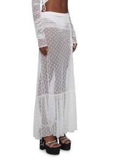 Sugar Thrillz Sheer Mesh Rose Print Ruched Maxi Skirt - White – Dolls Kill Sugar Thrillz, Sheer Skirt, Free Socks, Rose Print, Kawaii Fashion, White Skirts, Dolls Kill, Exclusive Collection, Body Shapes