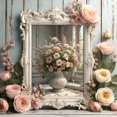 there is a mirror with flowers in it and pink roses on the shelf next to it