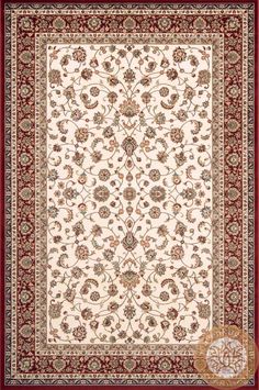 a white rug with red trimmings and an ornate design on the bottom corner