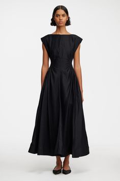 EMERY MIDI DRESS Christmas Evening Dresses, Black Midi Dress Styling, Viscose Dress Designs, Timeless Black Dress, Pleated Flared Dress, 2025 Bridesmaid Dresses, A Line Skirt Design, Black Structured Midi Dress, Chic Black A-line Midi Dress