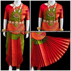 Design by Classical Dance Jewelry® ❥ Traditional Bharatanatyam costume wore during regular dance programs or arrangetram performance. ❥ Material : Art Silk ❥ Type : Traditional pant costume ❥ Easy to wear ❥ layer front fan  30 inch PANT LENGTH Dress Measurements ( all the measurements approximately 1 -2 margin buffer) Age: 7 - 9 yrs  ❥ PANT MEASUREMENTS:   ☛ Pant Length: 29-30 inch   ☛ Pant Waist: 27-28 inch   ☛ Pant Hip: 28-29 ❥ BLOUSE MEASUREMENTS :   ☛ Blouse length: 10-11 inch   ☛ Blouse Shoulder : 11-12 inch   ☛ Blouse around Bust: 25-26 inch   ☛ Blouse Lower Chest: 23-24 inch   ☛ Blouse Sleeves length: 5-6 inch   ☛ Blouse sleeve round: 9 - 10 inch   ☛ Blouse armpit: 11 - 12 inch ❇️ NOTE: FOR THIS SIZE DRESS BLOUSE COMES WITH NO DARTS ️     Set includes     ☛ Pant, Blouse, Dhavani, fa Green Traditional Wear With Pallu For Ceremonial Occasions, Traditional Green Choli With Tilla Detailing, Ceremonial Green Traditional Wear With Pallu, Traditional Green Choli With Tilla Embroidery, Traditional Green Tilla Choli, Ceremonial Bollywood Green Saree, Green Bollywood Ceremonial Saree, Green Bollywood Style Saree For Ceremonial Occasions, Green Bollywood Saree For Ceremonial Occasions