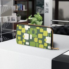 Retro 60s Groovy Abstract Mid Century Green Zipper Wallet | lovevisionkarma.com Modern Green Travel Wallets, Modern Green Travel Wallet, Modern Rectangular Wallets With Zipper Pouch, Modern Rectangular Wallet With Zipper Pouch, Vintage Green Wallets With Card Slots, Modern Rectangular Wallets With Zipper Closure, Retro Rectangular Travel Wallet, Retro Wallets With Interior Card Slots, Retro Style Rectangular Wallets For Daily Use