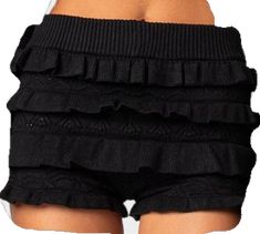 Black Ruffled Shorts For Summer, High Waist Black Shorts With Ruffles, Flirty Fitted Ruffle Shorts, Flirty Mini Shorts With Ruffles, Fitted Black Ruffled Shorts, Knitted Shorts, Bloomer Shorts, Ruffle Design, Bloomers Shorts