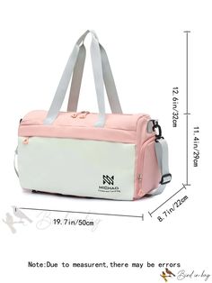 a white and pink duffel bag with measurements