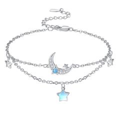 PRICES MAY VARY. 【Design】Moon star link bracelet inspired by the night sky, a romantic accessory for day and night. 【Size】The moonstone jewelry have a size of 0.6 inches. ❤The adjustable bracelet have 7"+2" extension chain. 【Gifts】The star and moon jewelry for women comes in an exquisite jewelry gift box with silver polishing cloth. 【Material】The star and moon bracelet women is made of 925 sterling silver and moonstone, suitable for long-term wearing. 【Jewelry】The celestial jewelry is great for Celestial Charm Bracelet With Star Charm As Gift, Celestial Star Charm Bracelet Gift, Silver Moon Jewelry, Moon And Star Bracelet, Celestial Bracelet, Silver Star Bracelet, Moon Accessories, Star Bangle, Bracelet Inspired