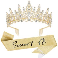 PRICES MAY VARY. 【Great 16th Birthday Gifts】: The birthday kit includes "sweet 16 "sash, 16th rhinestone tiara and pearl pin. It’s a great birthday gift for you. You will be like a queen in your birthday celebration. 【Sweet 16 Birthday Sash】: The sash is made from high quality glitter fabric and printed with black foil words. Elegant and gorgeous! The sash length is 31.5 inch when folded (total length is 63 inch), 3.66 inch width and comes with a pretty pearl pin. You can adjust the length by us Sweet 16 Sash And Tiara, Tiara For Sweet 16, Sweet 16 Birthday Sash, Black And Gold Sweet 16 Decoration, Sweet 16 Sash, 16th Birthday Gifts For Girls, Gold Sweet 16, Sweet 16 Tiara, 16th Birthday Decorations