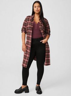 FIT Model is 5'8” wearing size 1. . Measures 44” from shoulder (size 2). Midi silhouette. . MATERIALS + CARE Cotton flannel woven fabric. . 100% cotton. Machine wash cold. Line dry. . Imported. DETAILS Collared neckline. . Long sleeves. The best plus size women's Flannel Midi Shacket Outerwear in cookie plaid wild ginger made of flannel. Torrid is your destination for cozy fall and winter clothes to keep you warm and comfortable. Fitted Cotton Flannel Shirt For Fall, Cotton Flannel Shirt For Fall Daywear, Fitted Flannel Shirt For Fall, Fitted Flannel Shirt For Fall Workwear, Oversized Flannel Plus Size, Plus Size Hooded Flannel, Red Cotton Flannel Shirt With Pockets, Long-sleeved Flannel Shacket With Pockets, Fall Flannel