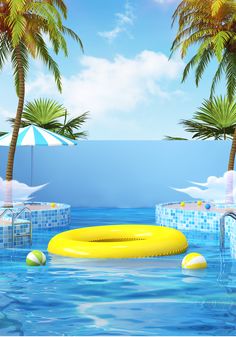 an inflatable raft floating on top of a swimming pool surrounded by palm trees