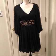 V Neck , Embroideries On Front Waist And Sleeves, Zipper In Back, Back Has Opening 3/4 Sleeve Length Great For Any Occasions Black V-neck Boho Dress For Spring, Fall V-neck Dress With Embroidered Hem, Black Floral Embroidered Dress For Brunch, Black V-neck Midi Dress With Floral Embroidery, Black Embroidered V-neck Mini Dress, Black Floral Embroidery Midi Dress For Fall, Black V-neck Embroidered Dress With Embroidered Hem, Black Midi Dress With Floral Embroidery For Fall, Black Embroidered Dress With V-neck