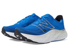 New Balance Fresh Foam X More v4 - Men's Shoes : Cobalt/Black : Take on the morning run in comfort and style in the New Balance Fresh Foam X More v4 sneakers. Traditional lace-up closure offers a secure fit. Classic round toe silhouette. Fresh Foam X midsole foam delivers a cushioned Fresh Foam experience for incredible comfort. Wider platform applies underfoot cushioning to more areas of the foot, balancing comfort, support, and protection. Increased rocker for smoother heel/toe strike transiti New Balance Shoes Fresh Foam, New Balance Synthetic Sneakers With Vibram Sole, New Balance Fresh Foam 1080 V10, New Balance Fresh Foam X More V4, Blue Low-top Trail Running Shoes With Vibram Sole, Morning Run, New Balance Fresh Foam, Morning Running, New Balance Men